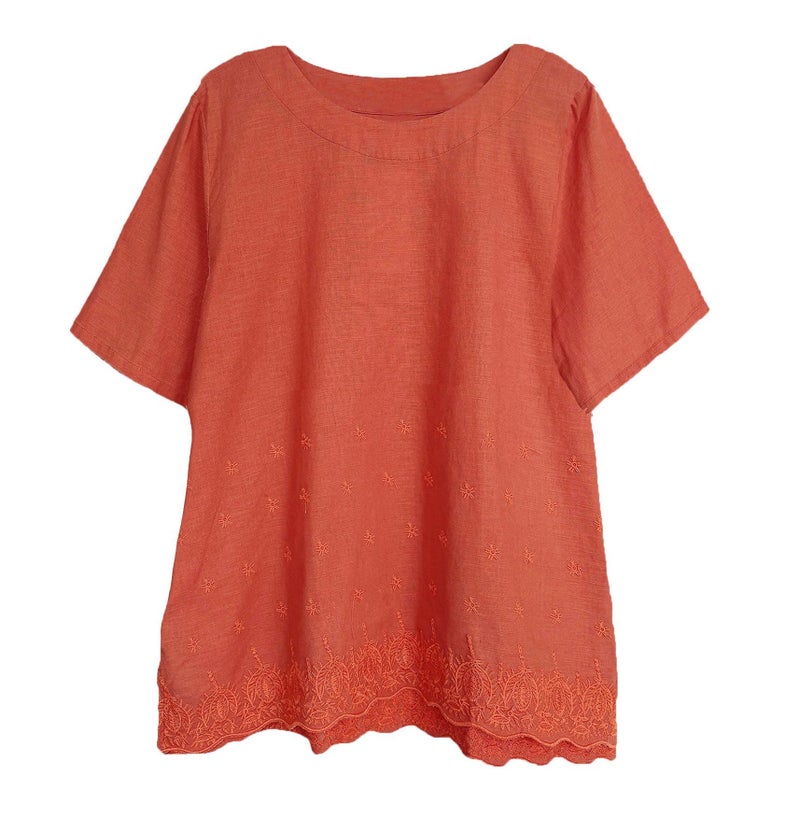 Minibee Women's Summer Linen Tunic Shirt High Low Hem Embroidery Blouse Top Orange L - Image 1